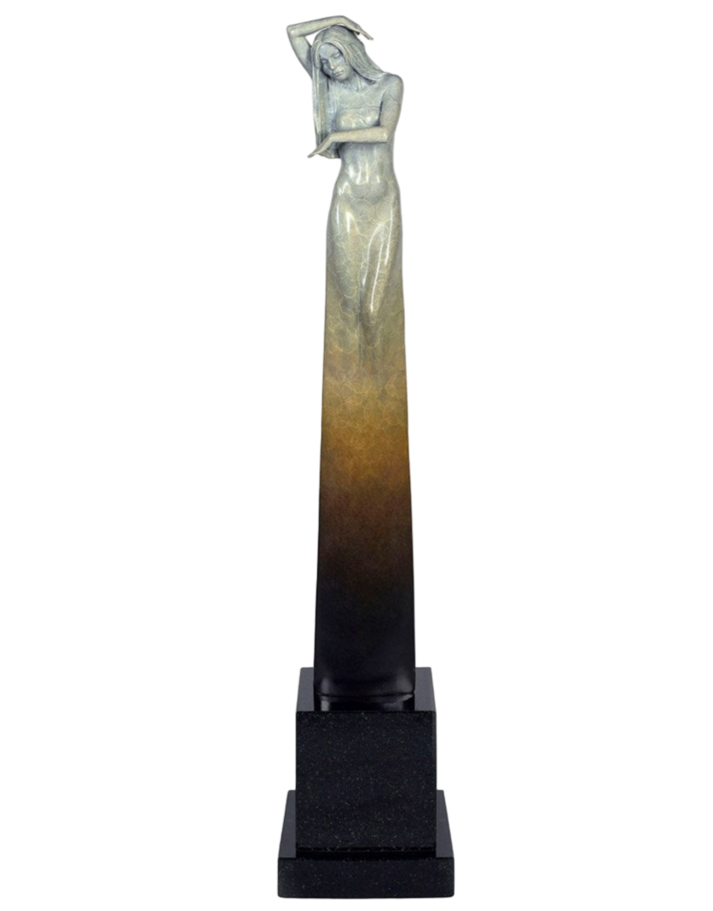 Decorative statue with a gradient design on a black base against a white background