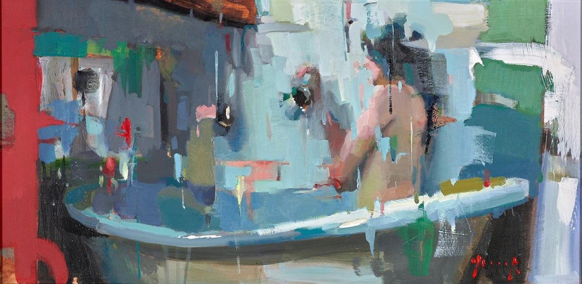 Crimson Curtain with Bath Tub