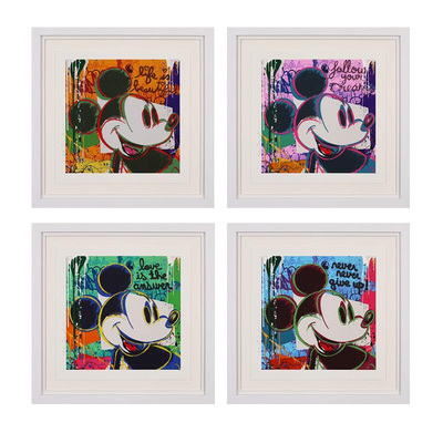 Four Mr Brainwash street art paintings of portraits of Mickey House, they have colours of orange, purple, green and blue.