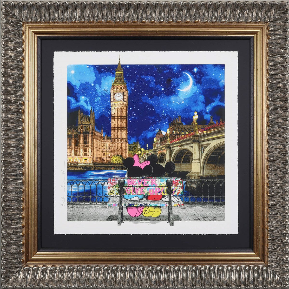 Mr Brainwash painting of Mickey and Minnie Mouse on a bench looking at the stars in London outside the houses of parliament