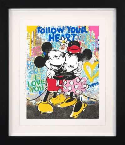 Mr Brainwash painting of Mickey and Minnie Mouse in red and pink clothing hugging in front of a graffiti background.