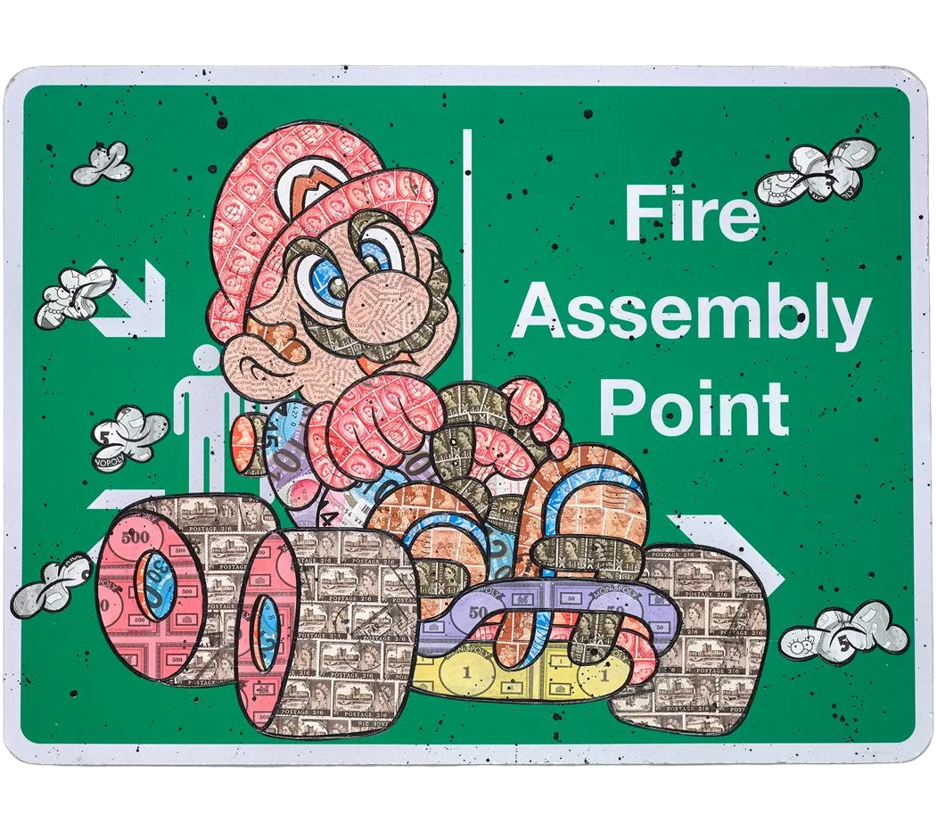 Colorful cartoon character on a green sign with 'Fire Assembly Point' text.