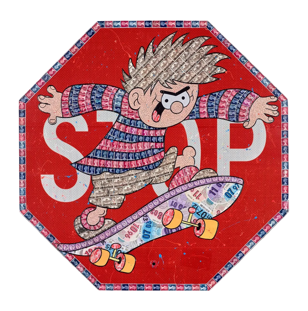 Cartoon character on a stop sign with a red background