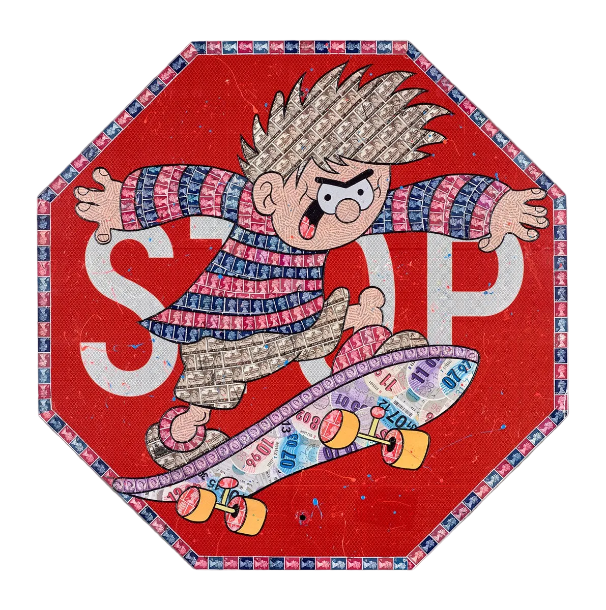 Cartoon character on a stop sign with a red background