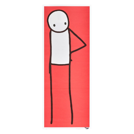 Famous stick figure on a red background