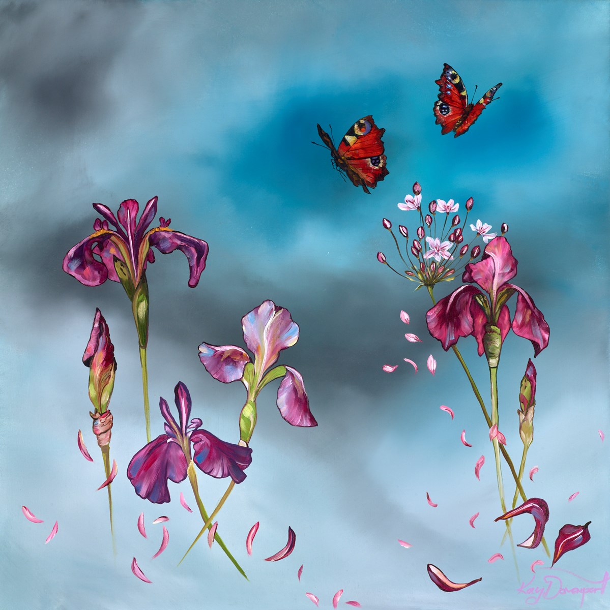 Peacocks with Irises