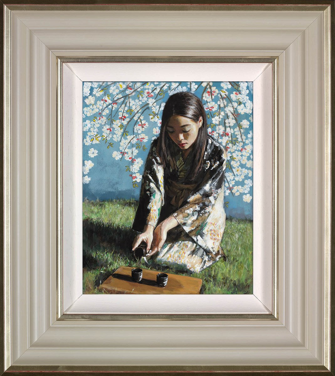 Geisha With White Flowers I (Framed)